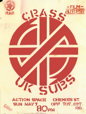 From the  Nicky Garratt U.K. Subs collection - Hand screened print poster for 1978 gig by Crass - Dave remembers being at this gig - click to enlarge