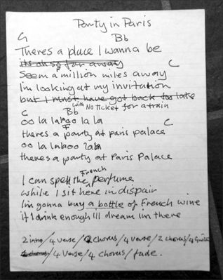 Rough draft of the lyrics for Party in Paris by Charlie. Click to  enlarge. Photo by Paul Mileman